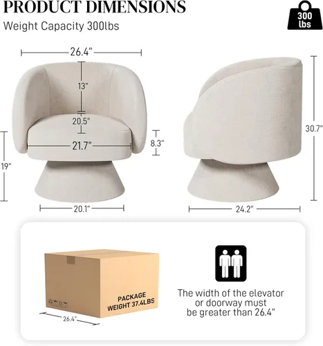 Miniatura 2 de Juego de 2 sillas giratorias de barril, sillas decorativas giratorias tapizadas para sala de estar, cómodo sillón redondo pequeño y moderno de 360