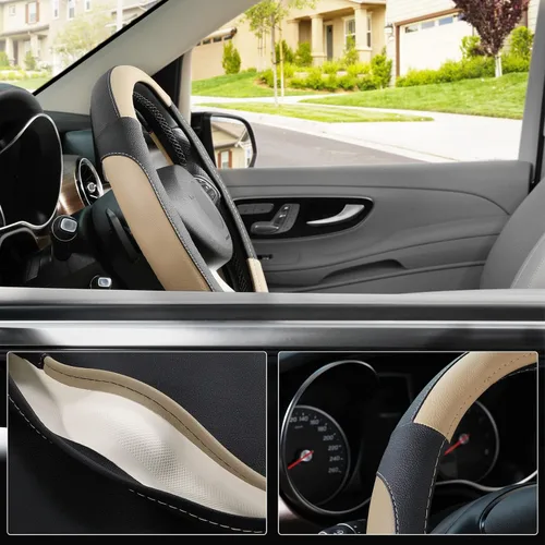 Miniatura 3 de SEG Direct Funda para volante de automóvil, tamaño mediano estándar de 14 1/2-15 pulgadas, embalaje no plegable, resistente, antideslizante, cuero