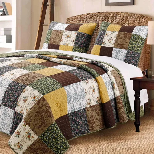 Cozy Line Home Fashions - Juego de ropa de cama reversible de 100% algodón con patchwork real cosido a mano, color mostaza amarilla, estilo granja