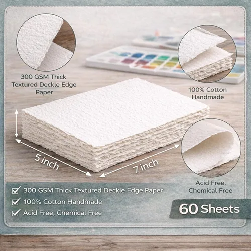 Miniatura 2 de 60 hojas de papel de acuarela de algodón blanco de 300 GSM, borde texturizado de 5 x 7 pulgadas, ideal para invitaciones de boda, acuarelas, 60