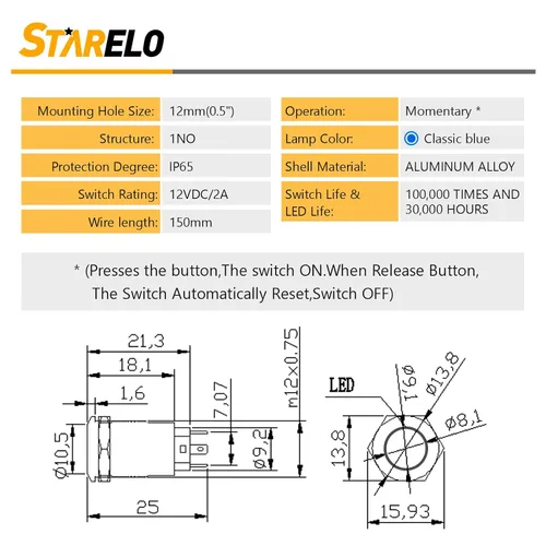 Miniatura 2 de STARELO 5 piezas Interruptor de botón LED momentáneo de 12 mm con carcasa negra y pre-cableado, interruptor de botón a prueba de agua IP65, 1NO 1