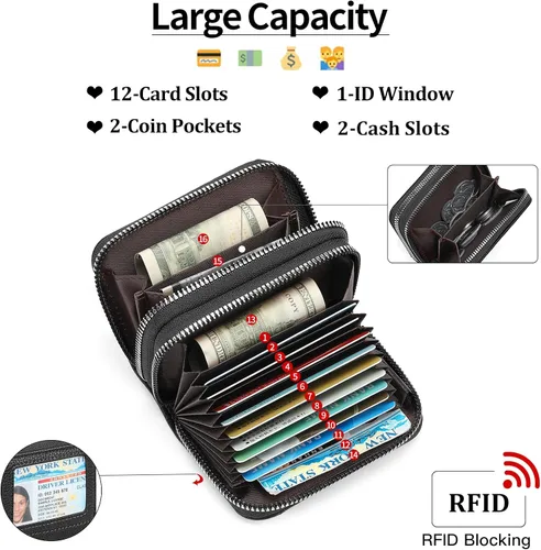 Miniatura 3 de RNIEGA Cartera pequeña de piel con bloqueo RFID para tarjetas de crédito, cartera pequeña para mujer, doble cremallera con ventana de identificación