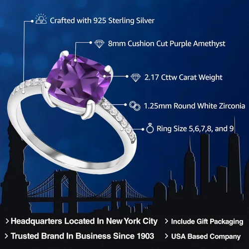 Miniatura 84 de Gem Stone King Anillo de compromiso de plata de ley 925 con piedra preciosa de corte cojín de 0.315 in Anillo de compromiso de aniversario de boda