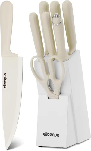 Juego de 8 cuchillos de cocina con afilador, apto para lavavajillas, acero inoxidable alemán con mango ergonómico antideslizante Beige