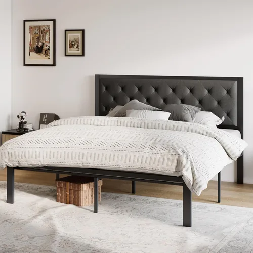 Miniatura 3 de Allewie Base de cama individual con cabecera tapizada de piel sintética, diseño elegante con costuras de diamante, no necesita somier, color negro