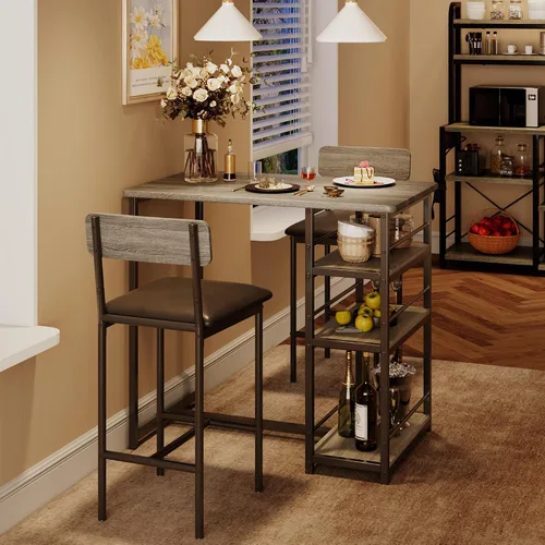 Miniatura 10 de Juego de mesa de comedor para 2 personas con 3 estantes de almacenamiento, juego de mesa de cocina de 3 piezas con 2 taburetes de bar tapizados