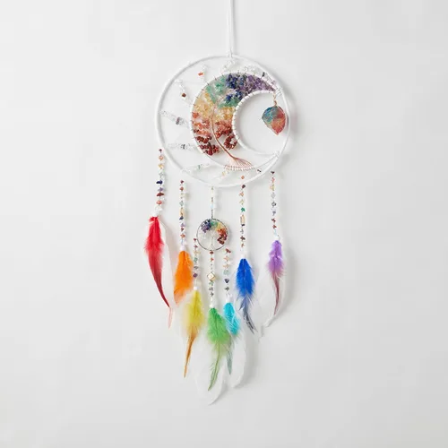 Miniatura 14 de Árbol de la vida negro de 7 chakras, decoración de pared con piedra de cristal curativo arco iris, hecho a mano, plumas, atrapasueños, adorno