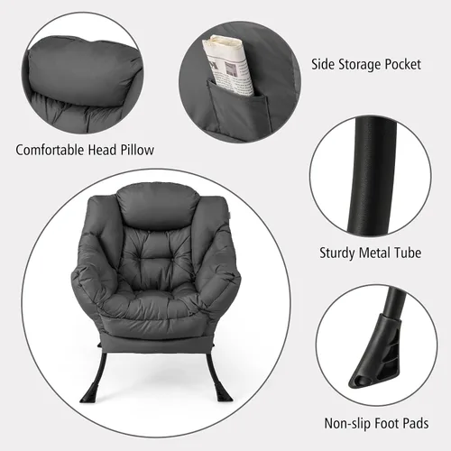 Miniatura 7 de Giantex Silla perezosa con otomana, sofá decorativo con reposapiés plegable, bolsillo de almacenamiento lateral, sillón tapizado de ocio con Gris