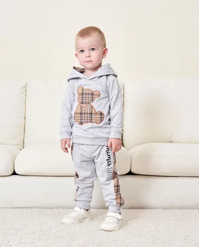 Miniatura 2 de Ropa de bebé niño a cuadros con capucha de manga larga con capucha y pantalones de retazos, ropa de invierno para niño