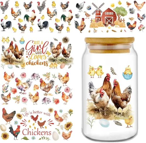Rngmsi Envoltura de taza UV DTF – 5 hojas de pollo UV DTF envolturas de tazas para 16 oz de animales de granja Uvdtf calcomanías personalizadas de