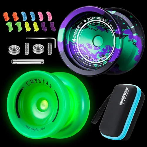 MAGICYOYO Responsive Yoyos - Paquete de 2 yoyos de metal V12 + yoyo de plástico K2 verde brillante, yoyo profesional para niños, yoyo de doble