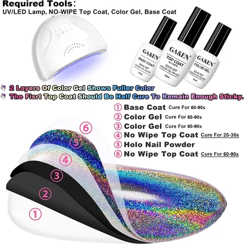 Miniatura 2 de GA&EN Polvo holográfico de esmalte de uñas fino arco iris holográfico Holo unicornio espejo efecto láser, pigmento de manicura multicromado, polvo