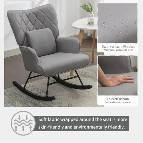 Miniatura 4 de Moderna mecedora tapizada con otomana – Planeador de respaldo alto para guardería, sala de estar o dormitorio – Cómodo sillón con soporte lumbar