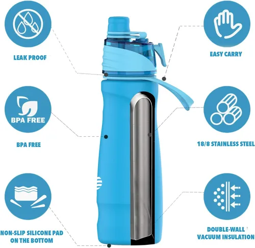 Miniatura 7 de Botella de agua con nebulización, botella de agua aislada de 24 onzas, botellas de agua de acero inoxidable 2 en 1, botella de agua deportiva
