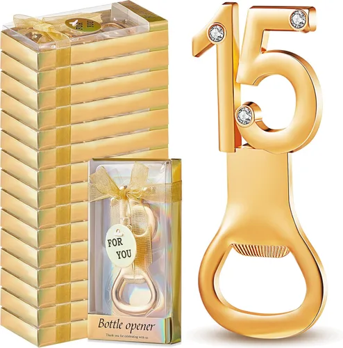 Suclain 36 piezas de recuerdos de fiesta de quinceañera, regalos de fiesta de cumpleaños de 15 años, abrebotellas doradas con caja de regalo para