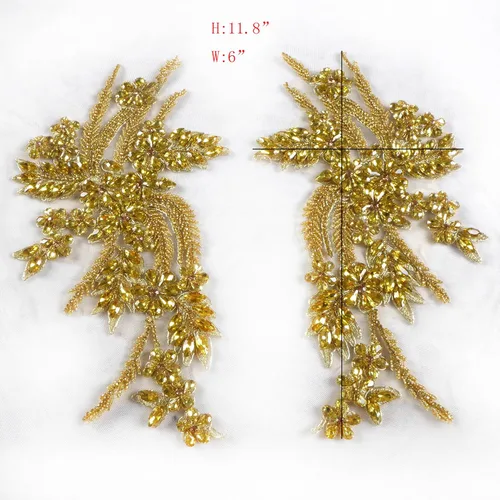 Miniatura 3 de Parches de diamantes de imitación hechos a mano, apliques de cuentas para decoración de vestidos de novia, apliques de flores de oro Oro-b