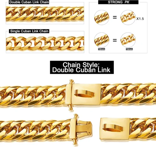 Miniatura 4 de Collar de perro de cadena de oro de 0.630 in, collar de perro de eslabones cubanos de oro de 18 quilates con hebilla de cierre seguro, cadena dorada