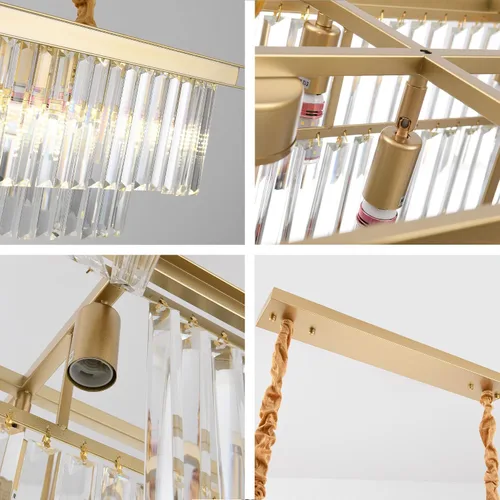 Miniatura 9 de Candelabro rectangular dorado de 31.5 pulgadas – Colgante de cristal moderno de lujo de 8 luces con altura ajustable, lámpara para comedor, isla
