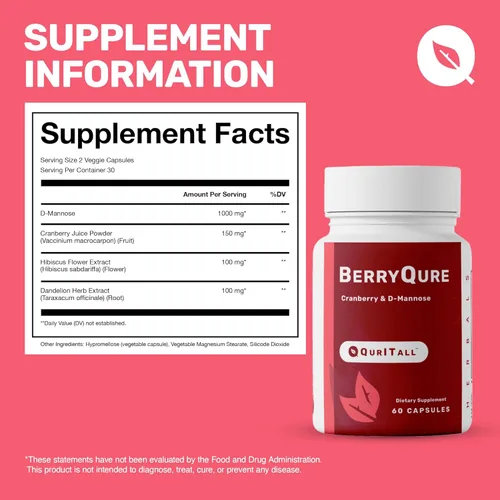 Miniatura 5 de BerryQure Suplementos de arándano y D-manosa para mujeres, píldoras de D-manosa con jugo de arándano en polvo, flor de hibisco y hierba de diente