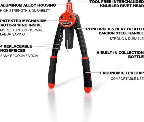 Miniatura 2 de HAUTMEC Remachadora con diseño automático de rebote que ahorra mano de obra, herramienta de remache de 13" con 5 boquillas intercambiables sin