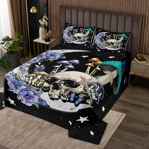 Star Moon Mushroom Bedspread Queen Size Boho Sugar Skull Coverlet Set 3pcs for Kids Girls Boys Youth Bedroom Decor Exotic Plants Bedding Sets Purple