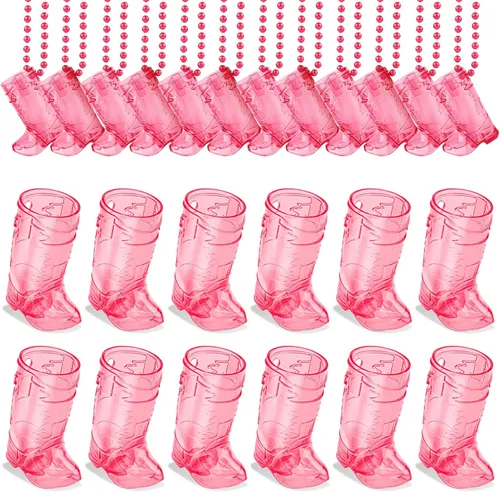 SAIAOKJ 24 vasos de tiro de botas en collar de cuentas, mini collares de tiro de bota de plástico de 1 onza, tazas para despedida de soltera,