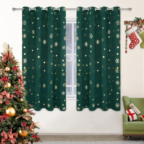 Miniatura 9 de FRAMICS Cortinas de Navidad con estampado de copos de nieve dorados en papel de aluminio, cortinas opacas con aislamiento térmico para sala de estar