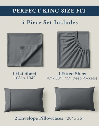 Miniatura 4 de LANE LINEN - Juego de sábanas tamaño King de 4 piezas 100 % algodón orgánico percal puro, ropa de cama suave transpirable para colchones de hasta 15
