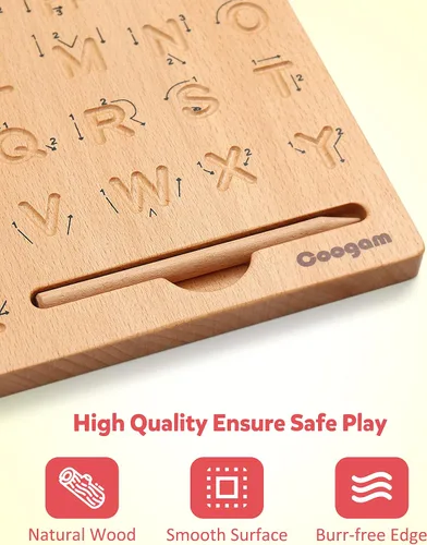 Miniatura 6 de Coogam Tabla de práctica de letras de madera, herramienta de rastreo del alfabeto de doble cara, herramienta de aprendizaje de escritura ABC, juego