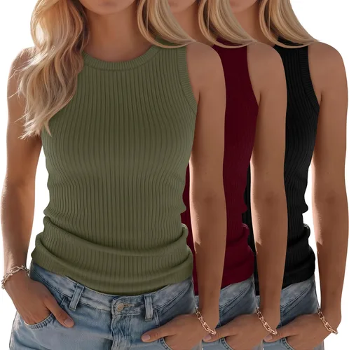 Miniatura 14 de Paquete de 3 camisetas sin mangas de algodón para mujer, de punto acanalado, casuales, básicas, de cuello redondo, ajustadas, de verano, con espalda