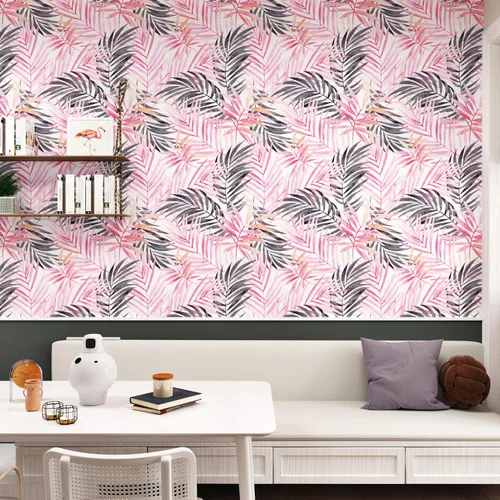 Miniatura 5 de Papel tapiz de hojas bohemias para despegar y pegar, papel de contacto extraíble de palmera rosa y negra para armarios, papel tapiz floral tropical