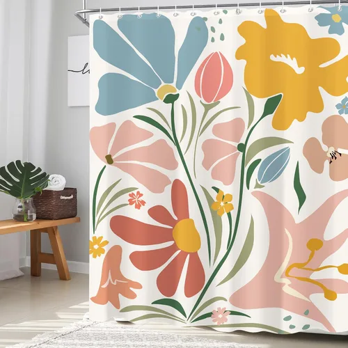 Juego de cortina de ducha floral abstracta boho de 60"X72", cortina de ducha moderna y vintage con flores de Matisse de los 70, decorativa y