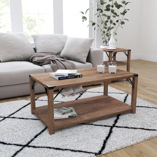 Miniatura 4 de Merrick Lane Green River Mesa de centro – Diseño moderno de granja – Acentos de acero con recubrimiento en polvo – Madera de ingeniería resistente a