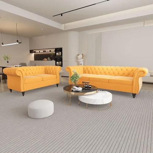Miniatura 18 de QHITTY Juego de 2 piezas para sala de estar, Sofá Seccional Chesterfield Silla Contemporáneo Tapizado de Terciopelo Loveseat Juego de Sofás