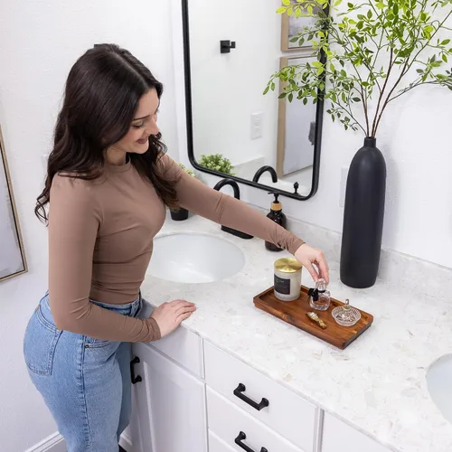 Miniatura 5 de Bandeja de tocador de baño de 11.8 x 5.9 pulgadas de madera de acacia natural, elegante organizador para cosméticos, joyas, perfumes, velas, llaves.