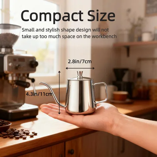 Miniatura 2 de GWHOLE Pequeño hervidor de café de cuello de cisne para verter 12 oz/11.8 fl oz de largo y estrecho goteo boquilla cafetera para estufa - plata
