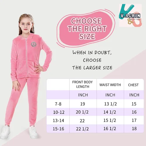 Miniatura 7 de V.&GRIN Girls 2 Piece Outfit Tracksuit Velour Zip-Up Hooded Sweatshirt and Athletic Sweatpants Clothes Kids Jogger Set