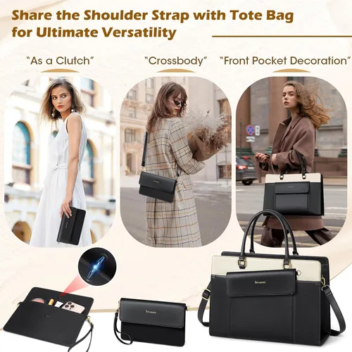 Miniatura 6 de RAINSMORE Bolsa de cuero para laptop de 15.6 pulgadas para mujer, bolsa de mano grande para computadora, impermeable, para negocios, oficina