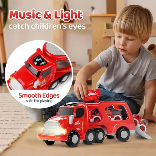 Miniatura 4 de MindPal Camión de Bomberos de Juguete para Niños Pequeños de 3 4 5 6 7 Años, Set de Vehículo Transportador de Camión de Bomberos 8-en-1 para Niños