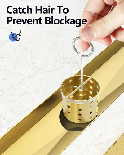 Miniatura 4 de YEFU Drenaje de ducha lineal dorado para baño: drenaje de ducha de 24 pulgadas con rejilla de inserción de azulejos, drenaje lineal rectangular
