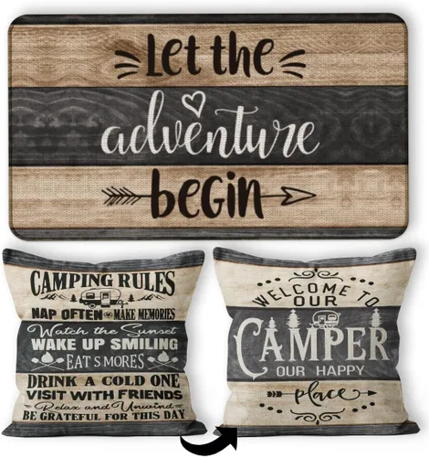 Miniatura 10 de Tapete para puerta de campamento, 30 x 17 pulgadas, para interiores, regalos de cámper, decoraciones de caravana, color negro, deja que la aventura