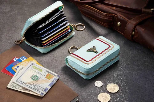 Miniatura 6 de Gostwo Estuche para tarjetas de crédito con cremallera, llavero y billetera de abeja, bolsillo para monedas, para mujer, Oro verde, Cartera
