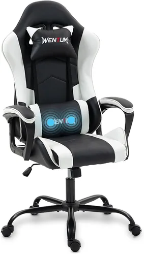 Silla de videojuegos de piel sintética para masaje, silla de videojuegos para PC con soporte lumbar para hombres y mujeres, oficina en casa, altura