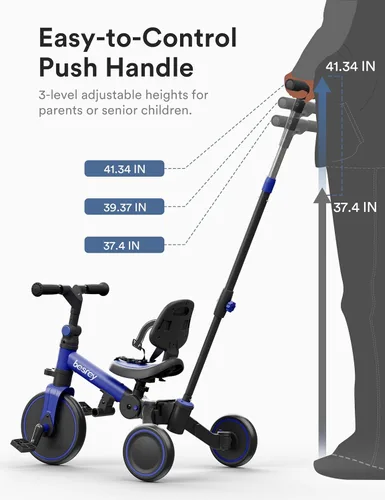Miniatura 5 de besrey Bicicleta 5 en 1 para niños pequeños con mango de dirección para padres para niñas y niños de 1 a 3 años, triciclo plegable para niños, Azul