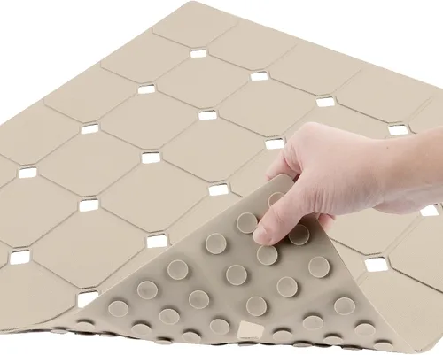 Tapete de ducha antideslizante de 21 x 21 pulgadas, de silicona, plegable, con ventosas y agujeros de drenaje, inodoro, ecológico y duradero, Beige