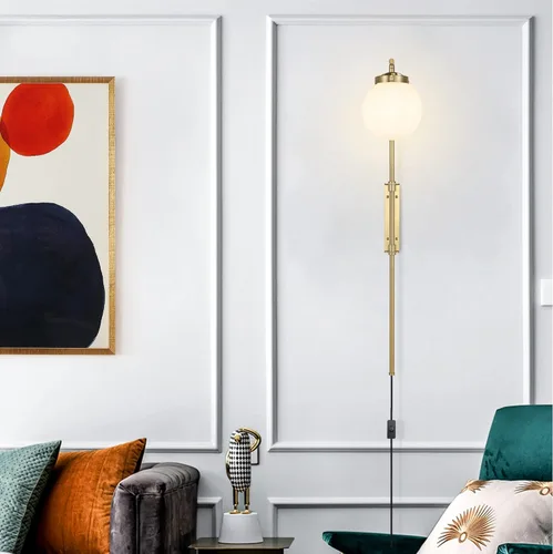 Miniatura 3 de ELEHINSER Juego de 2 apliques de pared dorados con pantalla de globo, modernas lámparas de pared enchufables para interiores con interruptor, luz