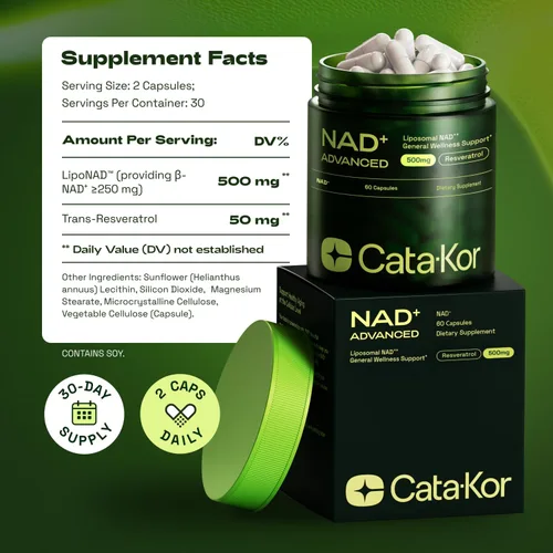 Miniatura 8 de Cata-Kor Suplemento liposomal NAD con resveratrol – Alternativa al suplemento NMN – Suministro de 60 días – Probado por terceros – 120 cápsulas