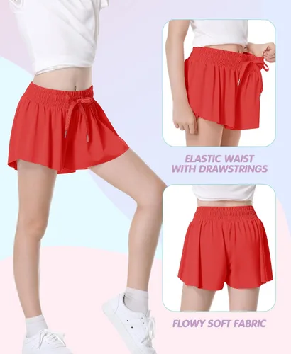 Miniatura 3 de QooNoo Pantalones cortos de mariposa para niñas con bolsillo, pantalones cortos atléticos fluidos de cintura alta para correr para niños