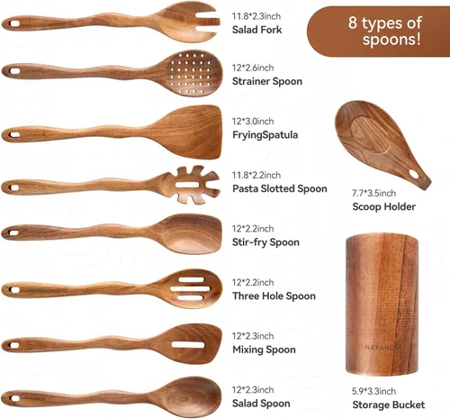 Miniatura 2 de 10 piezas de cucharas de madera para cocinar con reposa cucharas y soporte, juego de utensilios de cocina de madera de 12 pulgadas, utensilios