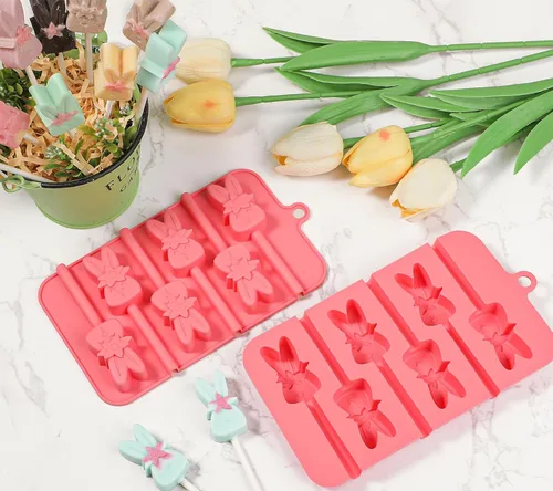 Miniatura 7 de Webake Moldes de piruleta de conejo para dulces de chocolate, 6 agujeros de silicona de conejo con palitos de piruleta, bonitos moldes de Pascua